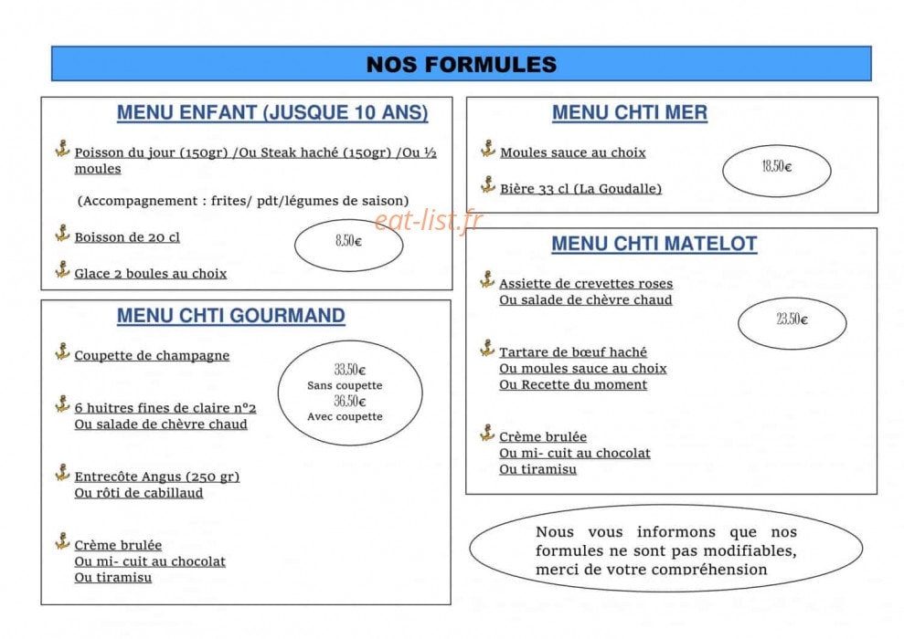 Carte et menu de La Marie Galante à Audresselles — Les formules