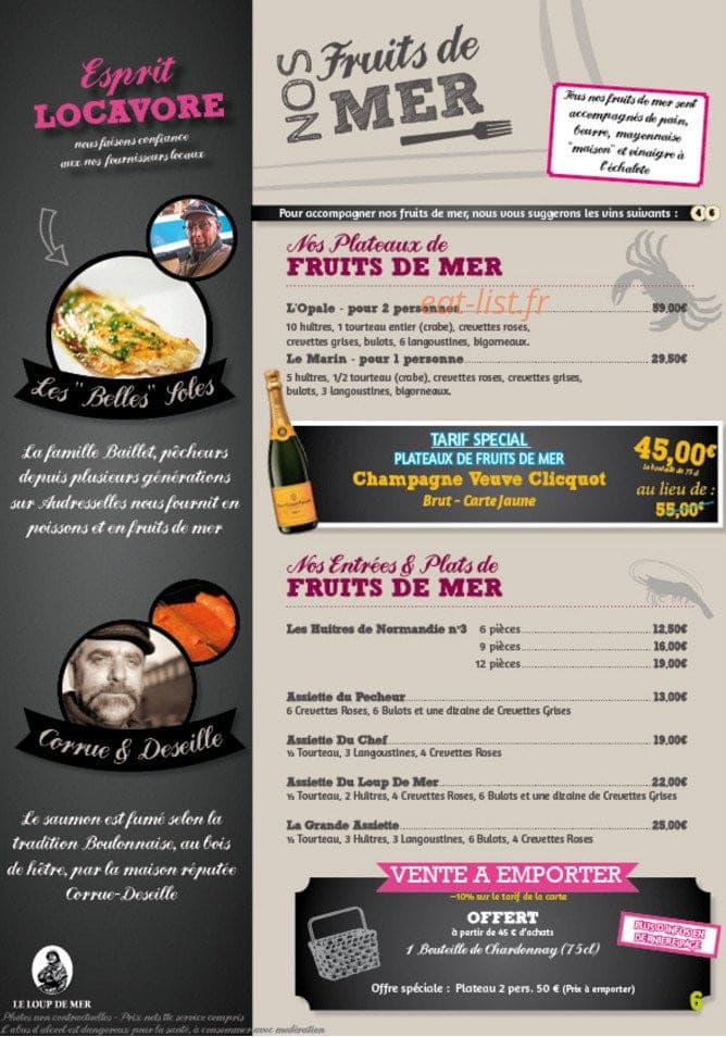 Carte et menu de Le loup de Mer à Audresselles — Fruits de mer