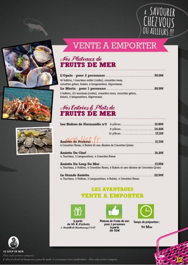 Carte et menu de Le loup de Mer à Audresselles — Vente à emportes