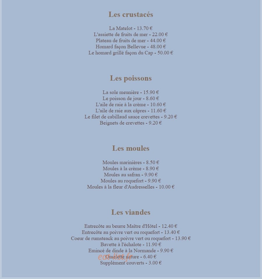 Carte et menu de Le retour des flobards à Audresselles — Les crustacés, poissons, moules et viandes