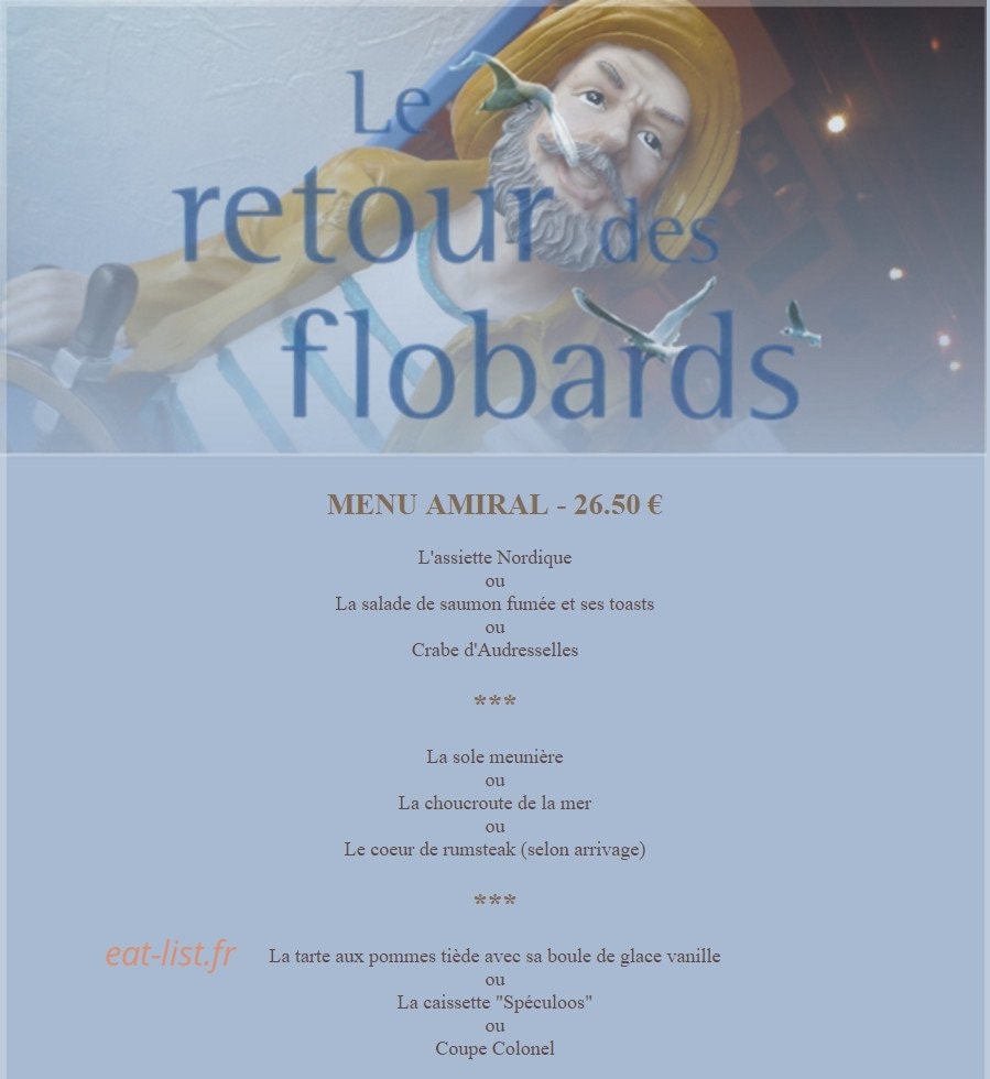 Carte et menu de Le retour des flobards à Audresselles — Le menu amiral