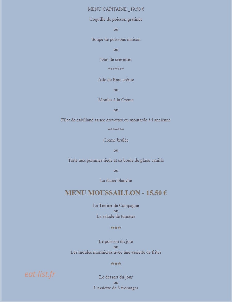 Carte et menu de Le retour des flobards à Audresselles — Le menu capitaine et menu enfant