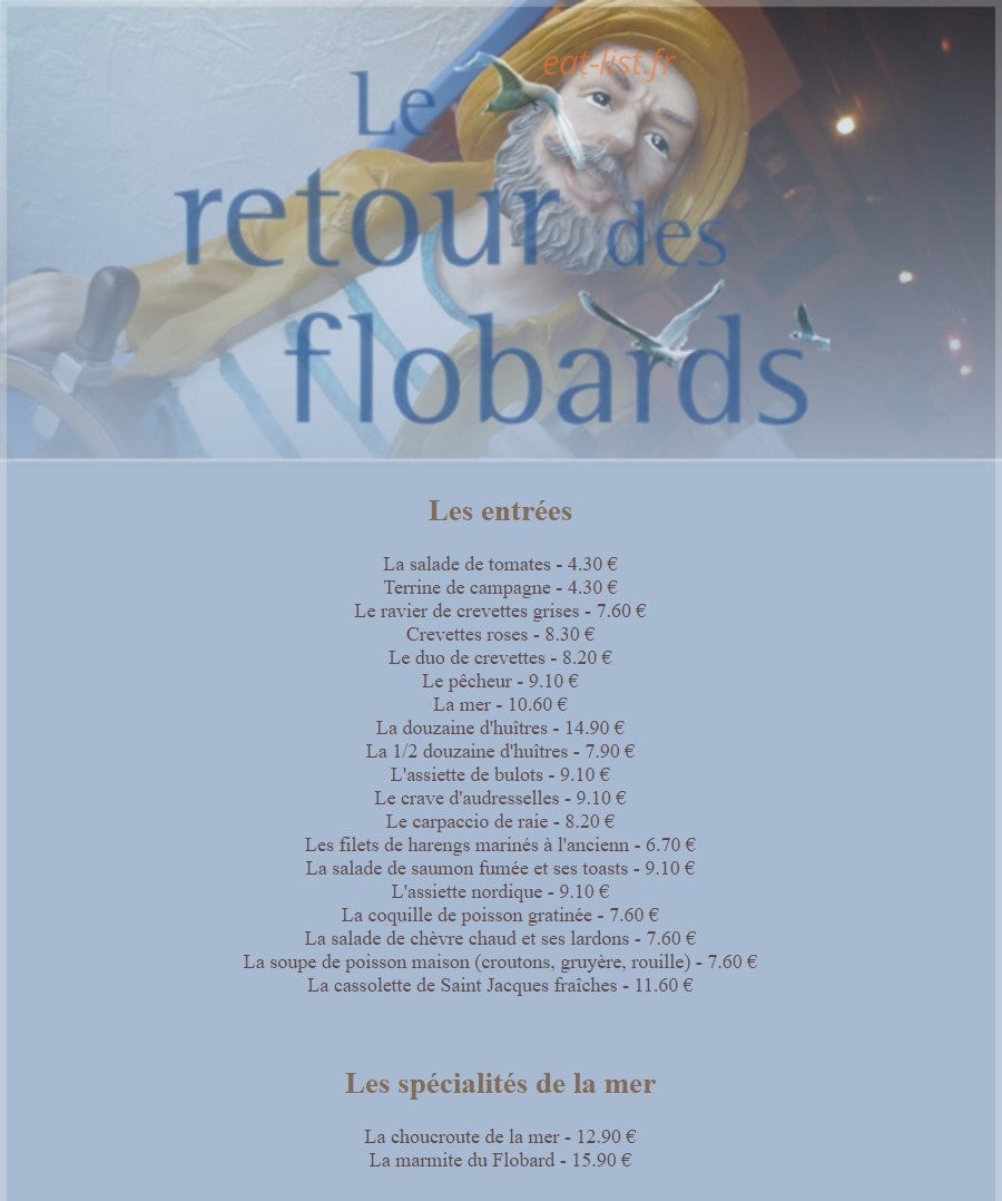 Carte et menu de Le retour des flobards à Audresselles — Les entrées et spécialités de la mer