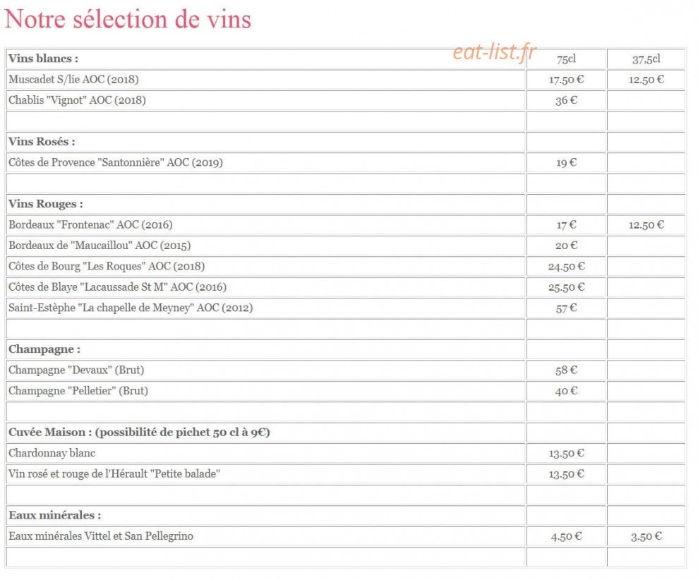 Carte et menu de Auberge du vieux logis à La Madelaine-sous-Montreuil — Les vins