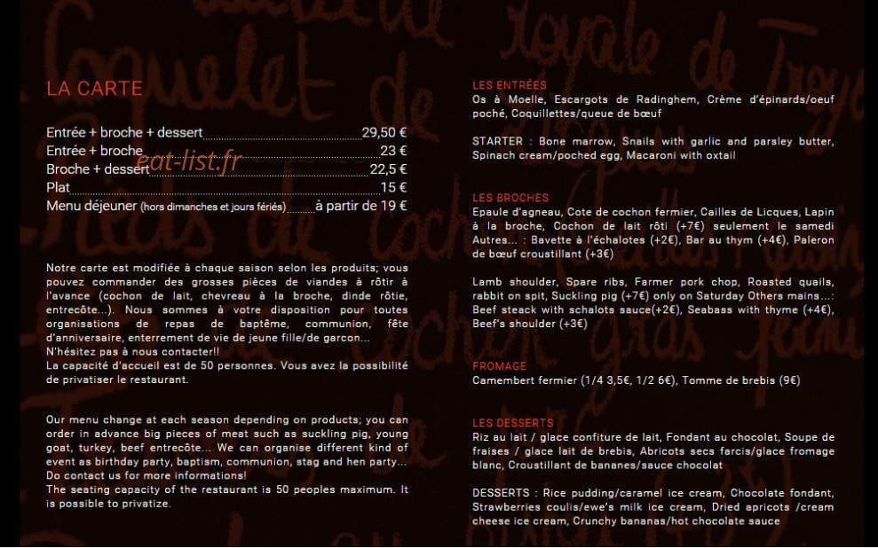 Froggy's Tavern — carte page 1