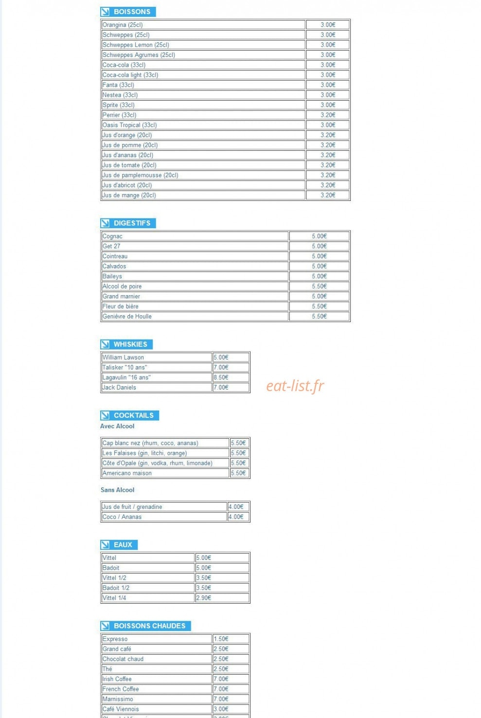 Carte et menu de Restaurant Les Falaises à Escalles — Les boissons, les digestifs, les whiskies, les cocktails...