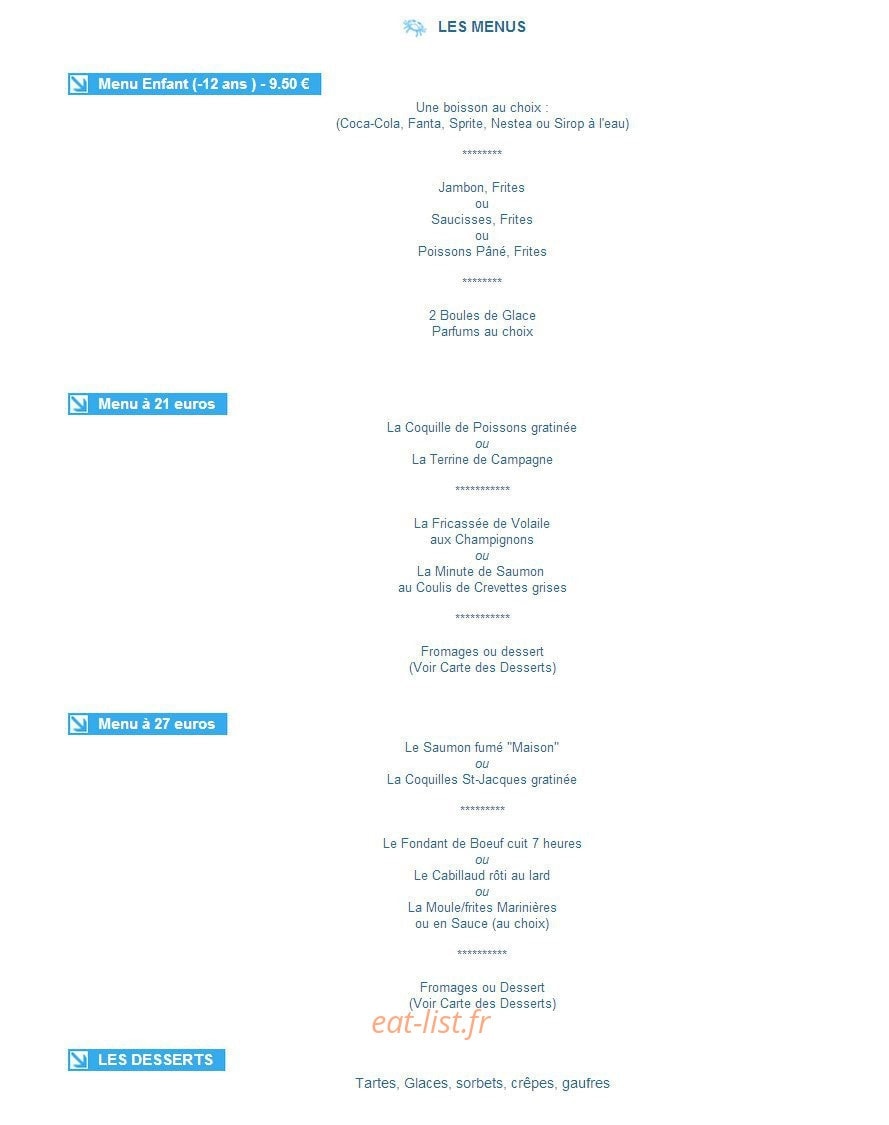 Carte et menu de Restaurant Les Falaises à Escalles — Les menus et desserts