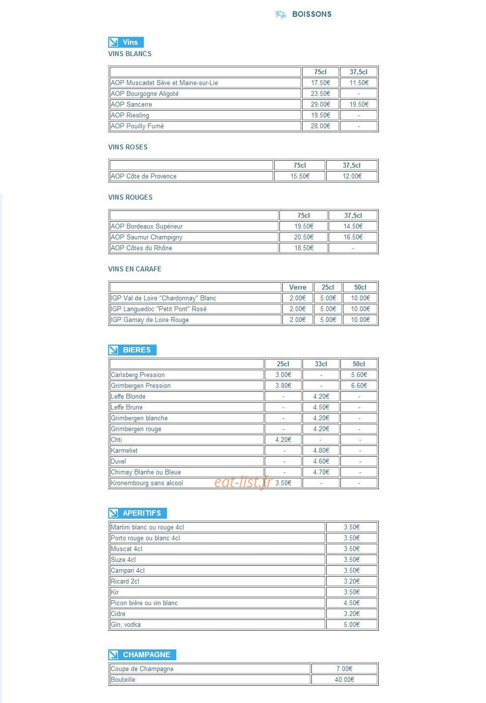 Carte et menu de Restaurant Les Falaises à Escalles — Les vins, les bières, les apéritifs et champagnes