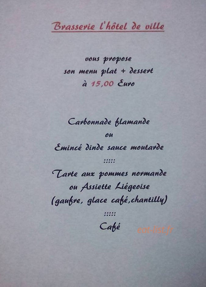 Carte et menu de Brasserie L'hôtel de ville à Lillers — Menu du jour