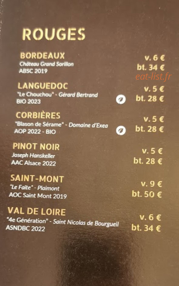 Carte et menu de La Dégustation à Boulogne sur Mer — Les vins rouges