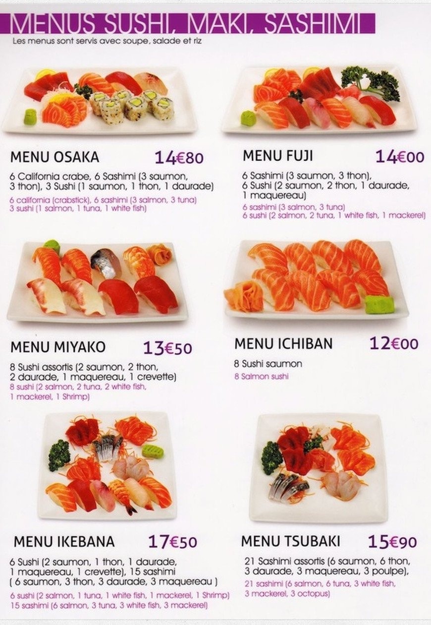 Carte et menu de Le palais de matsuyama à Boulogne sur Mer — Les menus sushi, maki, sashimi