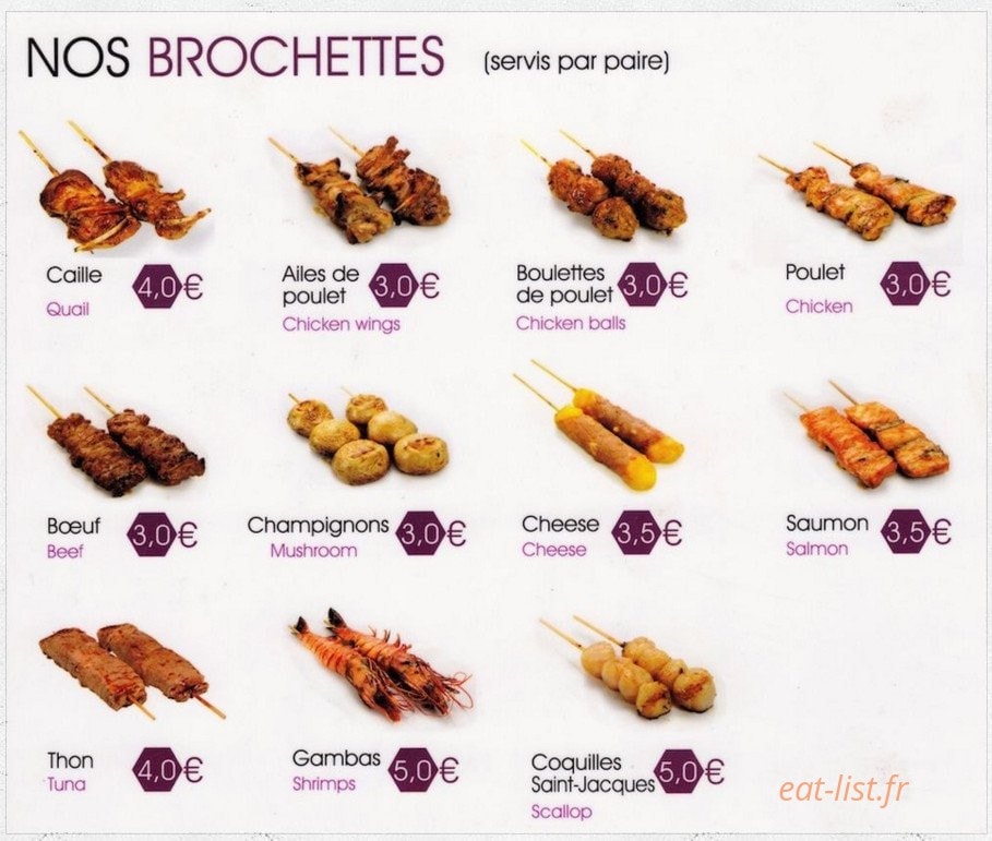 Carte et menu de Le palais de matsuyama à Boulogne sur Mer — Les brochettes