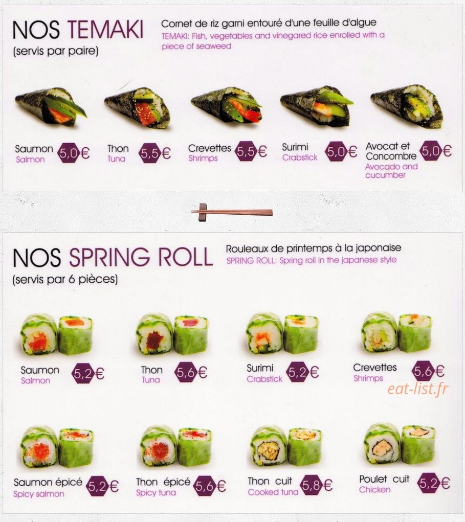 Carte et menu de Le palais de matsuyama à Boulogne sur Mer — Les témaki et spring rolls