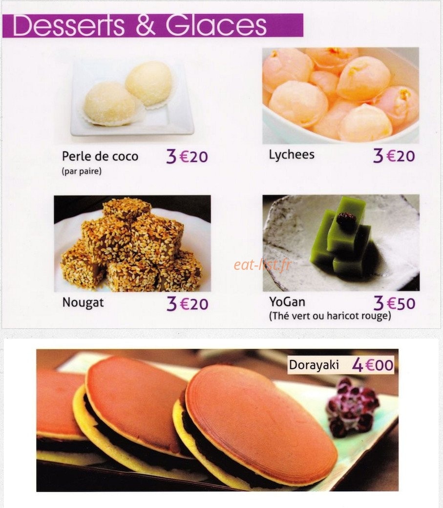 Carte et menu de Le palais de matsuyama à Boulogne sur Mer — Les desserts et glaces