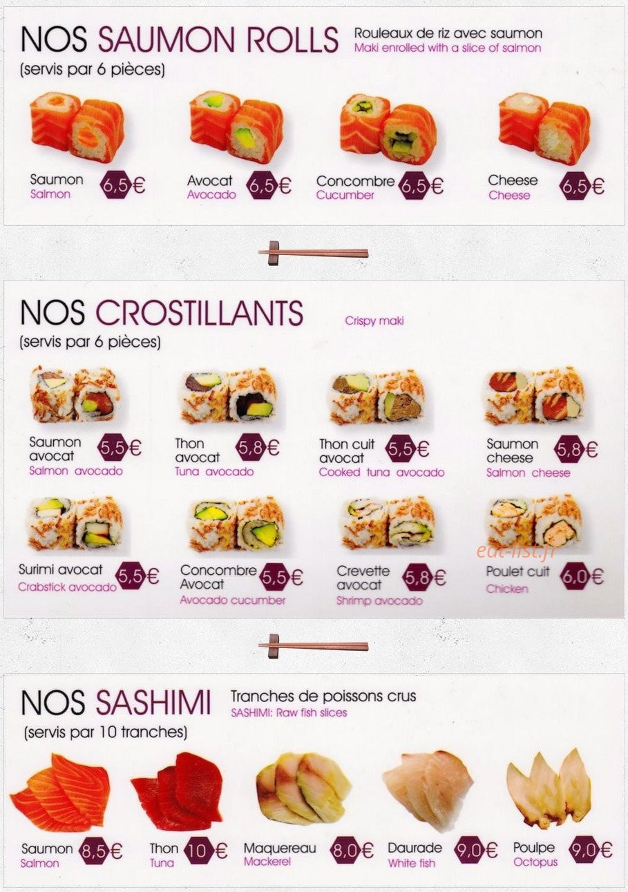 Carte et menu de Le palais de matsuyama à Boulogne sur Mer — Les saumon rolls, crostillants et sashimis