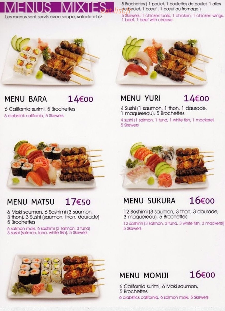 Carte et menu de Le palais de matsuyama à Boulogne sur Mer — Les menus mixtes