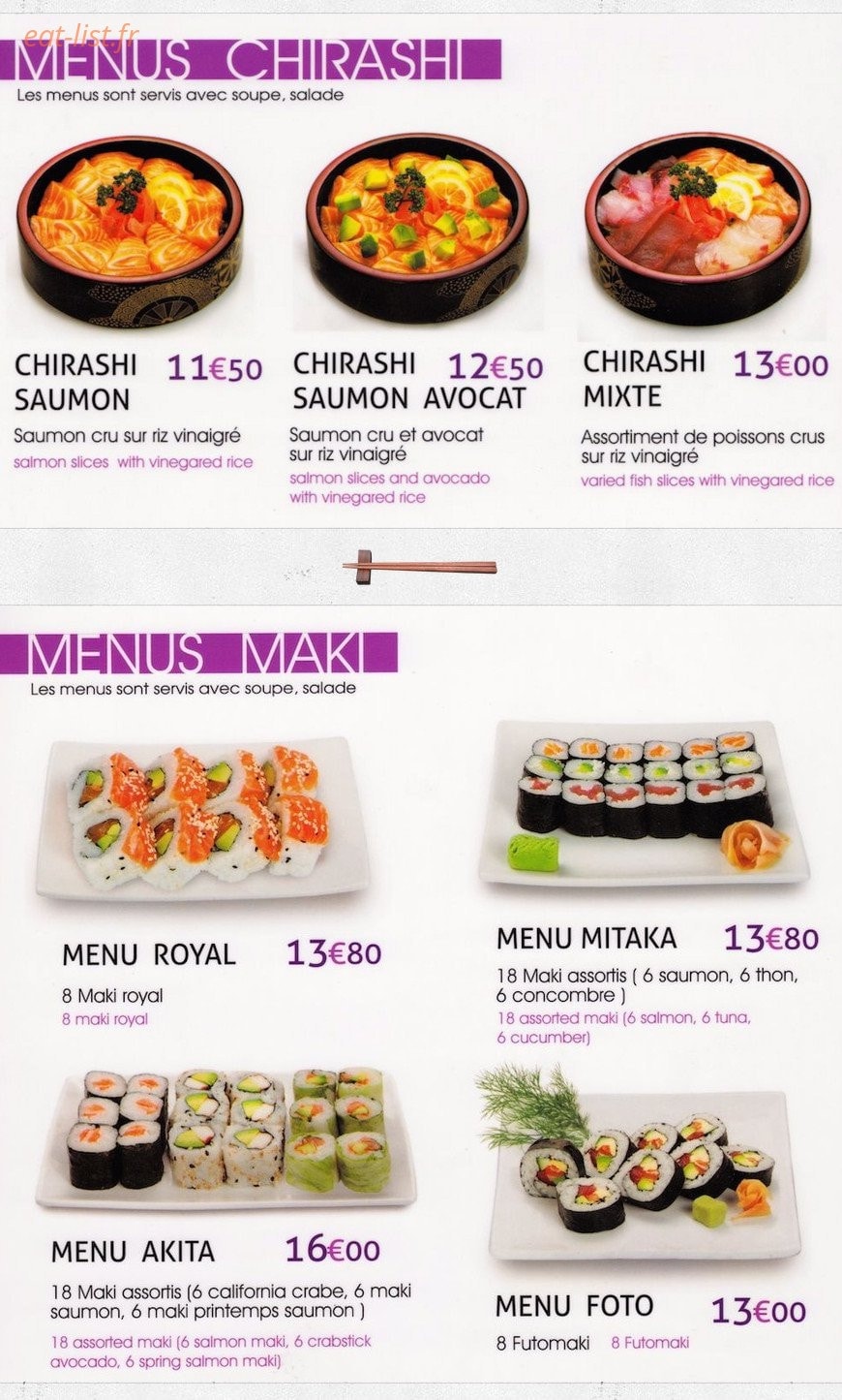 Carte et menu de Le palais de matsuyama à Boulogne sur Mer — Les menus chirashi et maki