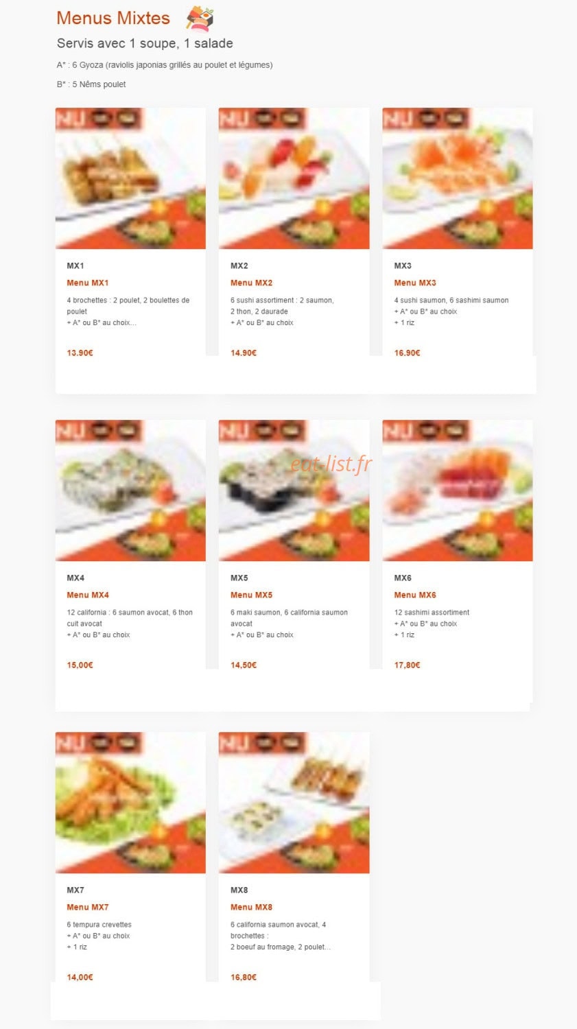 Carte et menu de Nagoya à Boulogne sur Mer — Les menu mixtes
