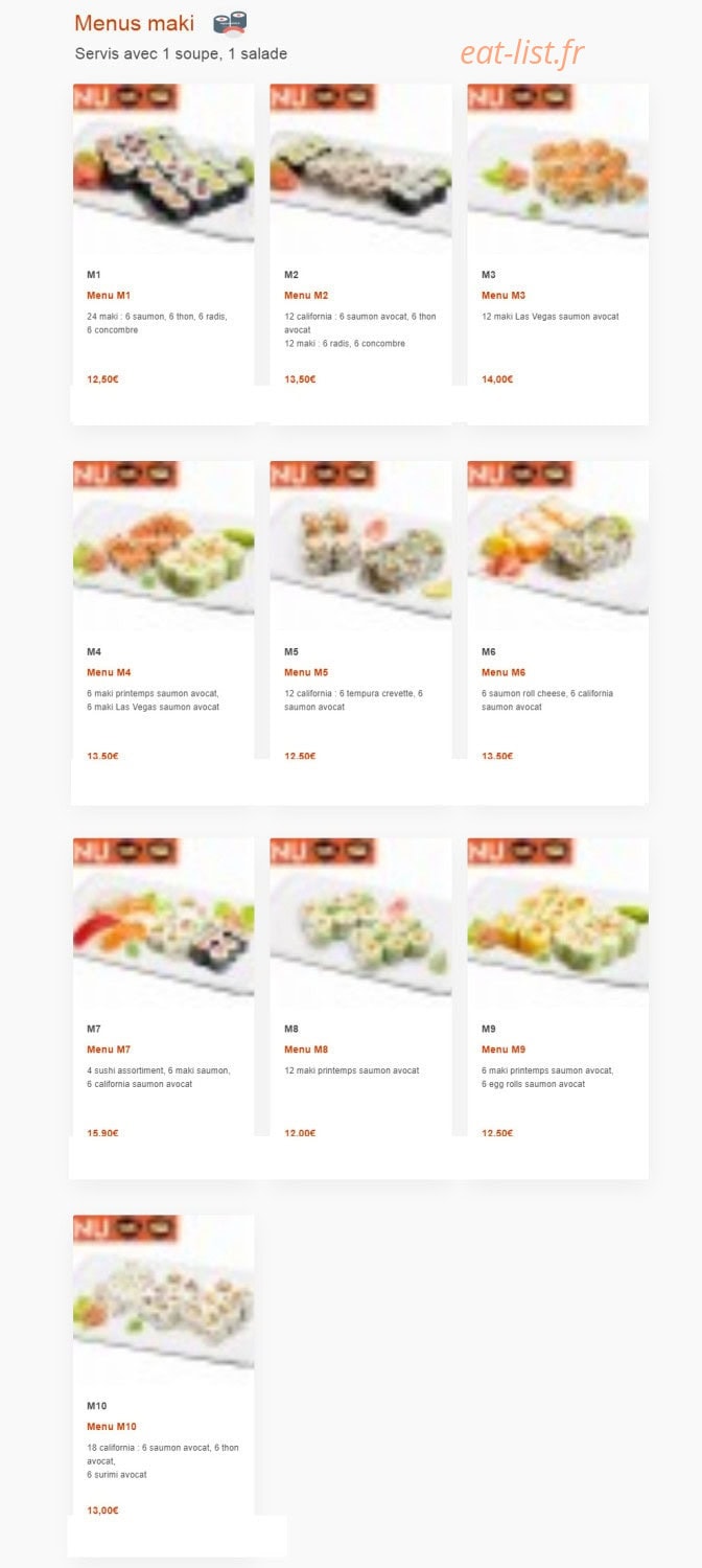 Carte et menu de Nagoya à Boulogne sur Mer — Les menus maki