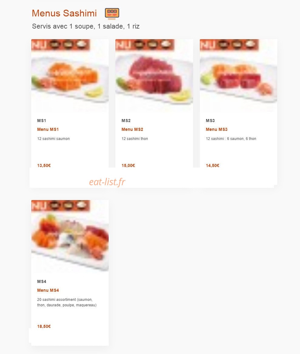 Carte et menu de Nagoya à Boulogne sur Mer — Les menus sashimis