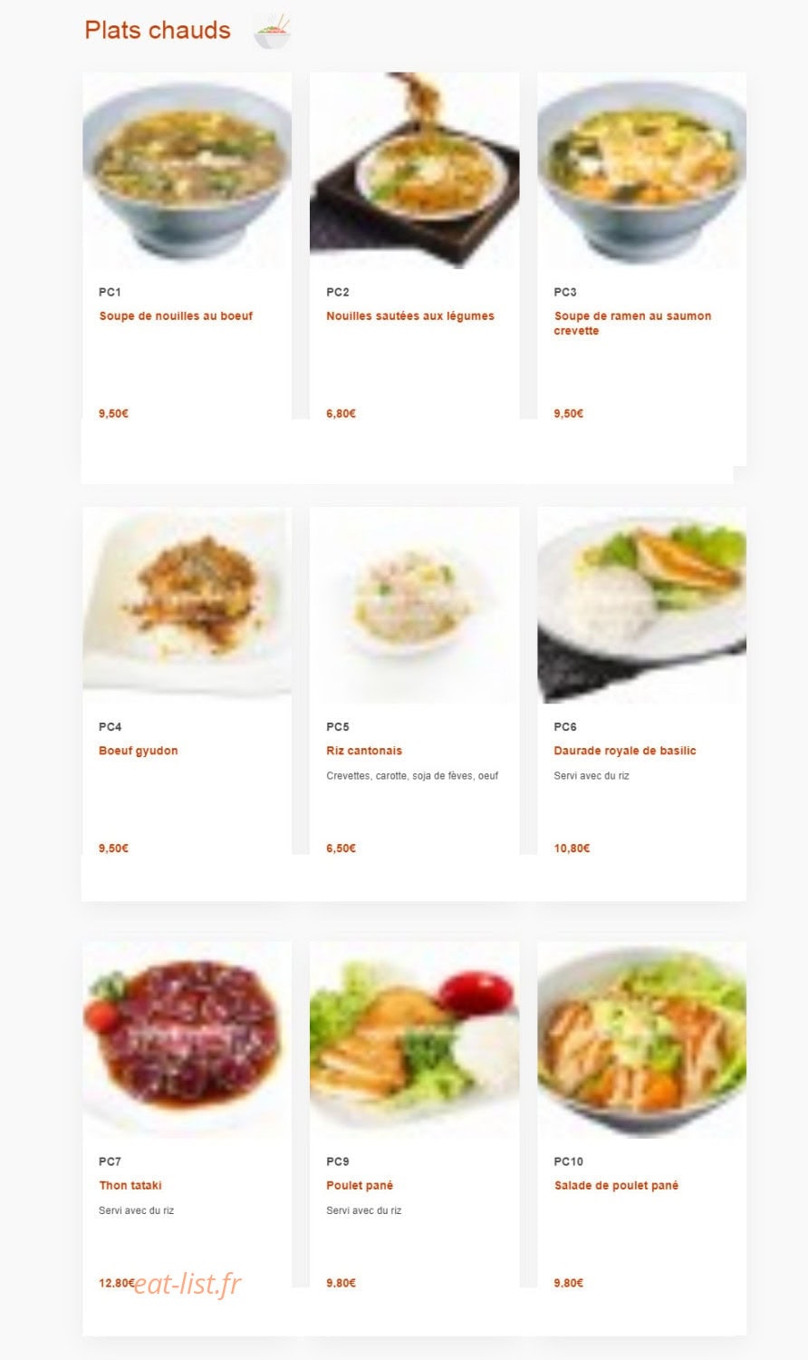 Carte et menu de Nagoya à Boulogne sur Mer — Les plat chauds