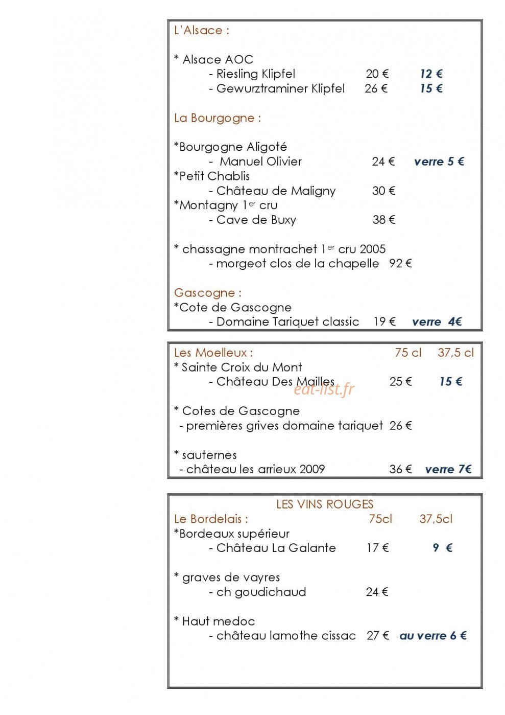 Carte et menu de Restaurant De La Haute Ville à Boulogne sur Mer — Les vins page 4