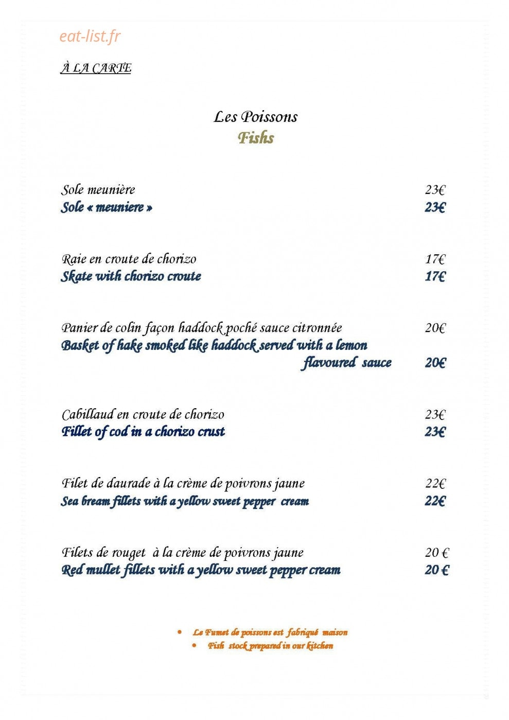 Carte et menu de Restaurant De La Haute Ville à Boulogne sur Mer — Les poissons