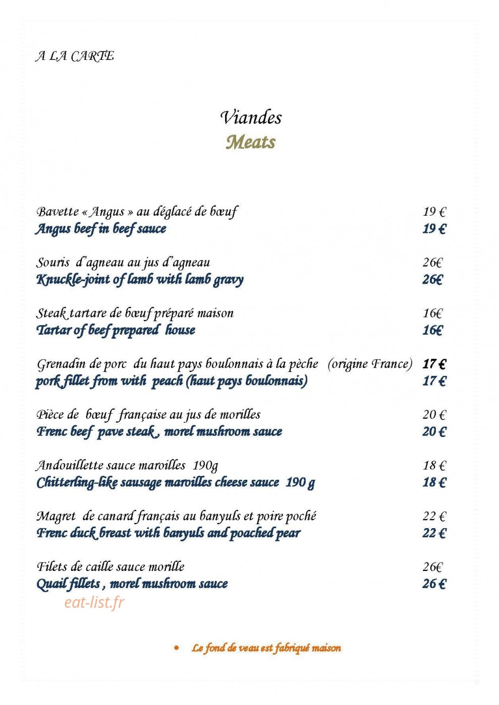 Carte et menu de Restaurant De La Haute Ville à Boulogne sur Mer — Les viandes