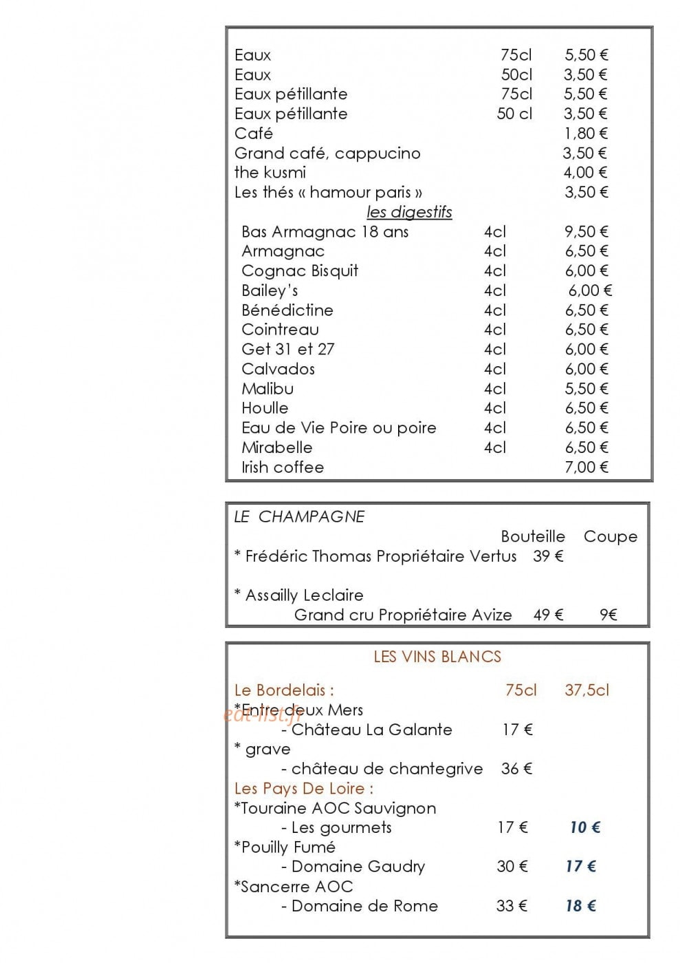 Carte et menu de Restaurant De La Haute Ville à Boulogne sur Mer — Les vins page 3 et boissons