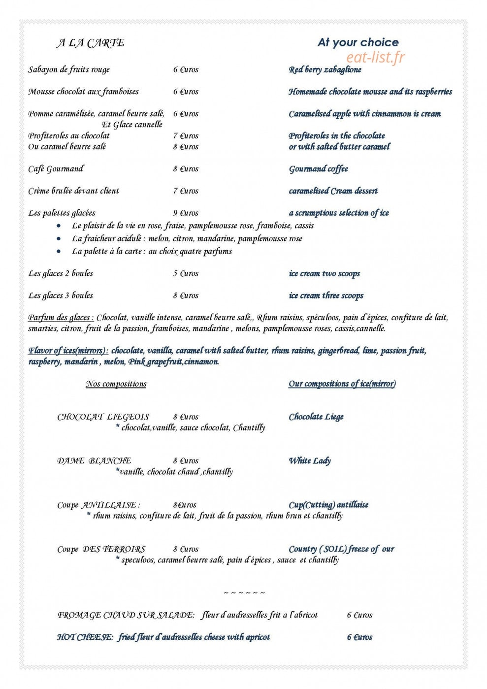 Carte et menu de Restaurant De La Haute Ville à Boulogne sur Mer — Les desserts