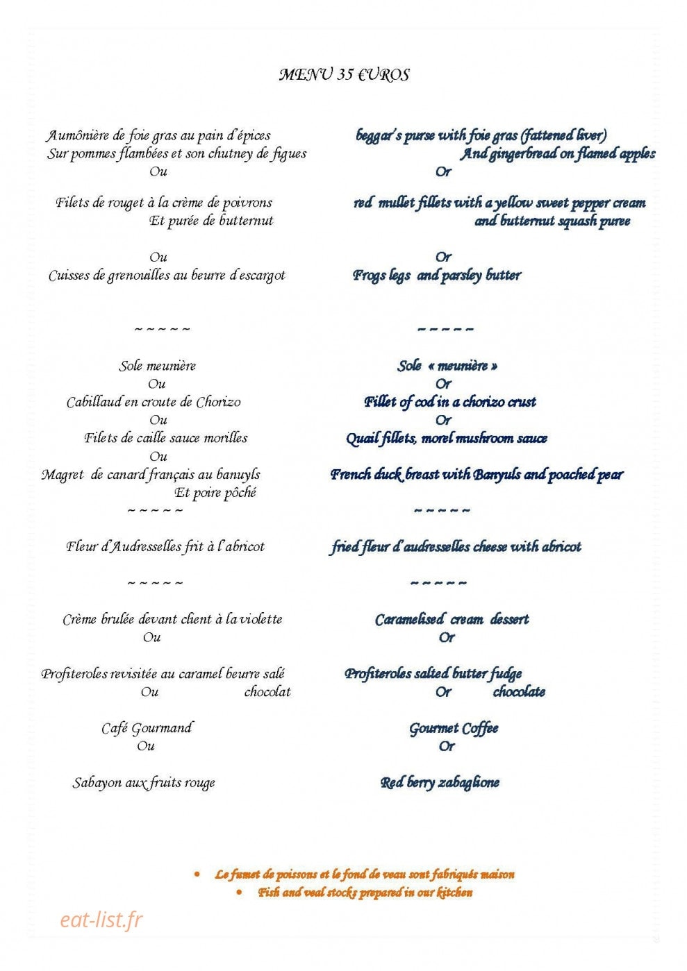 Carte et menu de Restaurant De La Haute Ville à Boulogne sur Mer — Le menu à 35€
