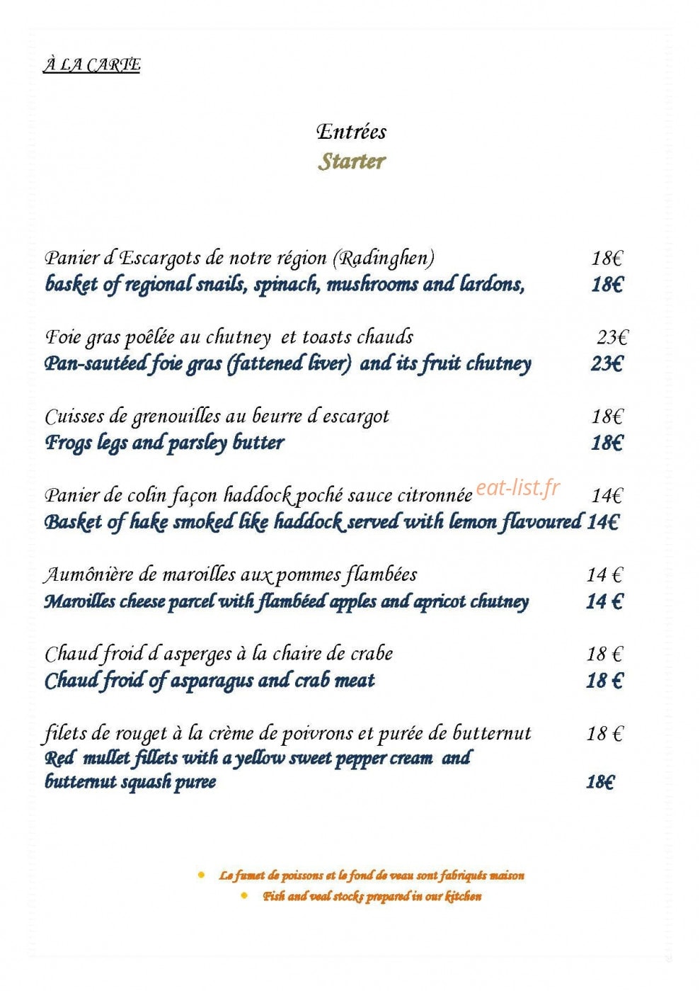 Carte et menu de Restaurant De La Haute Ville à Boulogne sur Mer — Les entrées