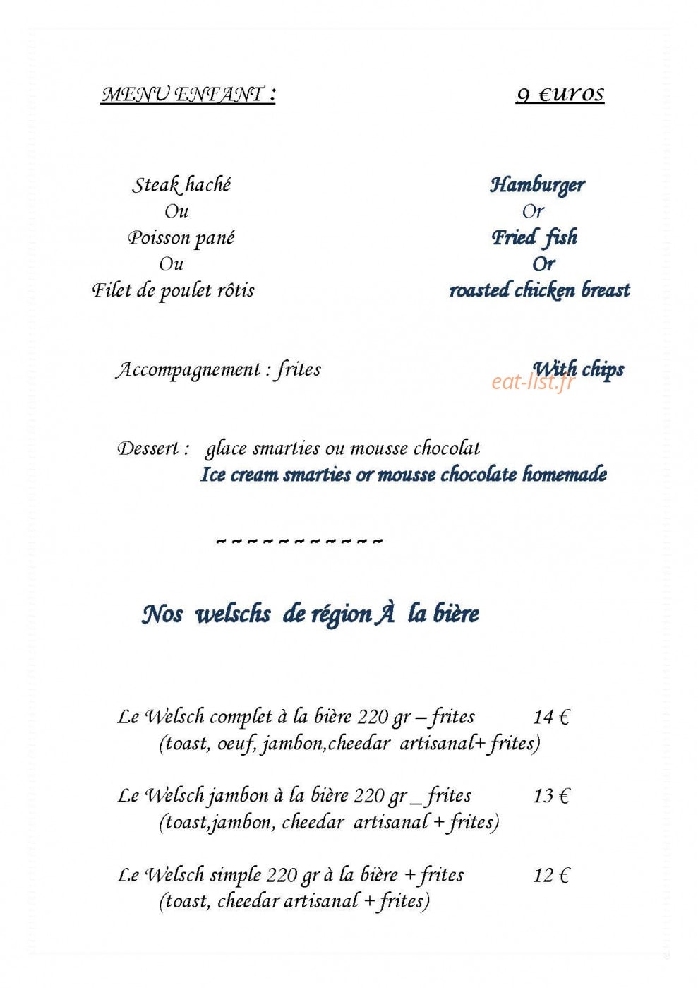 Carte et menu de Restaurant De La Haute Ville à Boulogne sur Mer — Le menu enfant