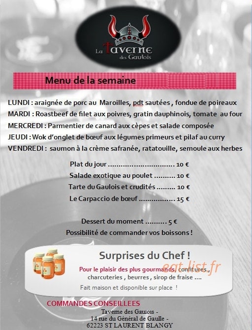 Carte et menu de Taverne des gaulois à Saint Laurent Blangy — Exemple de menu