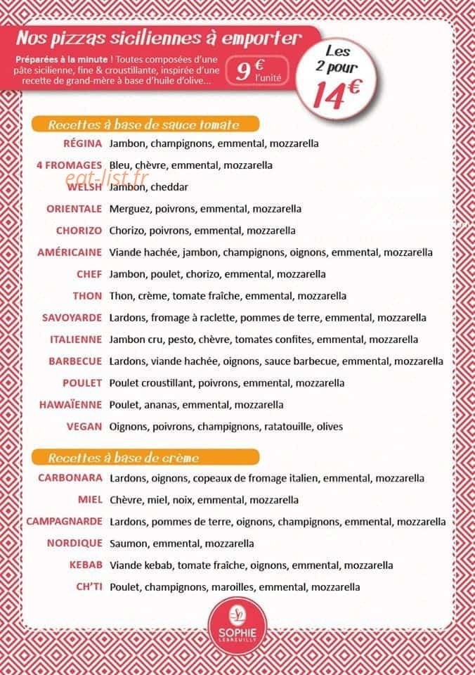 Carte et menu de Boulangerie Sophie Lebreuilly à Coquelles — Pizzas siciliennes