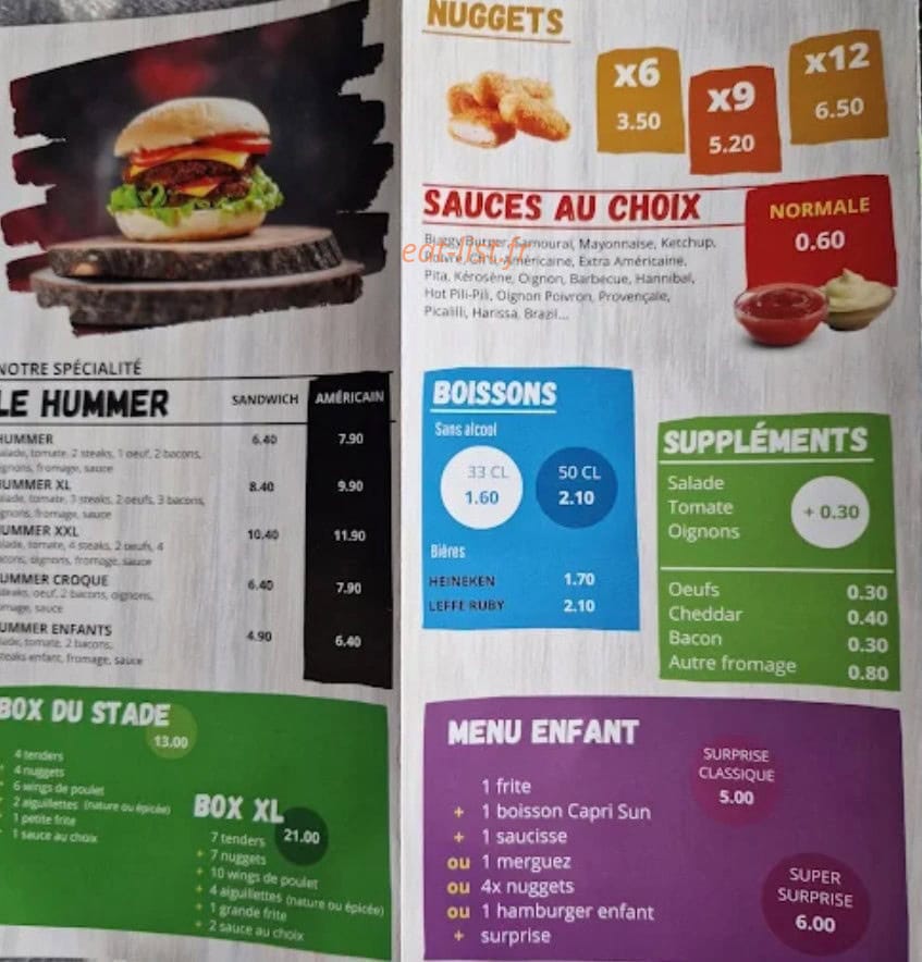 Carte et menu de Fds  friterie du stade à Cauchy A la Tour — Nuggets, boissons