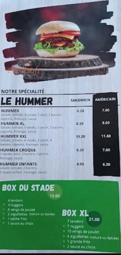 Carte et menu de Fds  friterie du stade à Cauchy A la Tour — Hummer