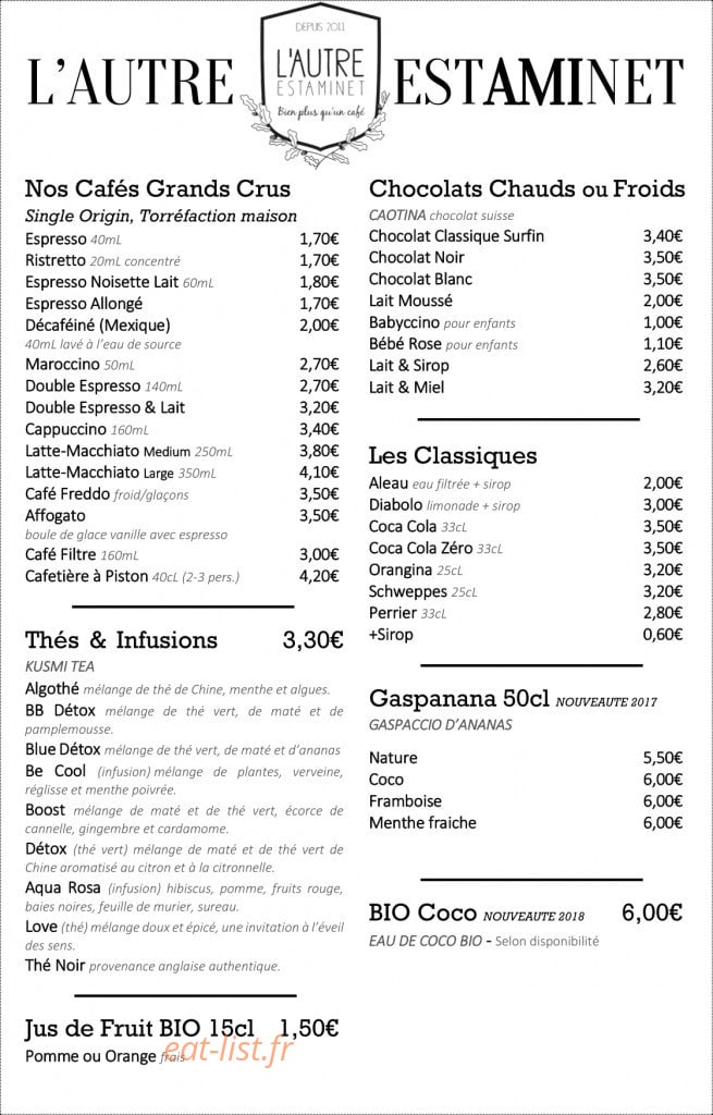 L'Autre Estaminet — carte page 1