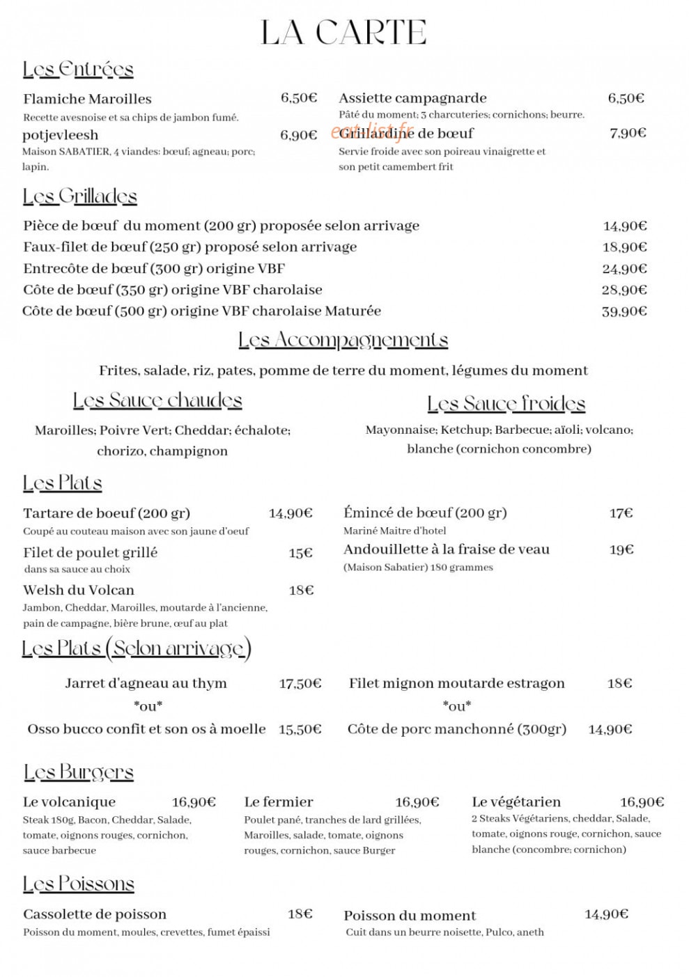 Le Volcan Gourmand — carte page 1