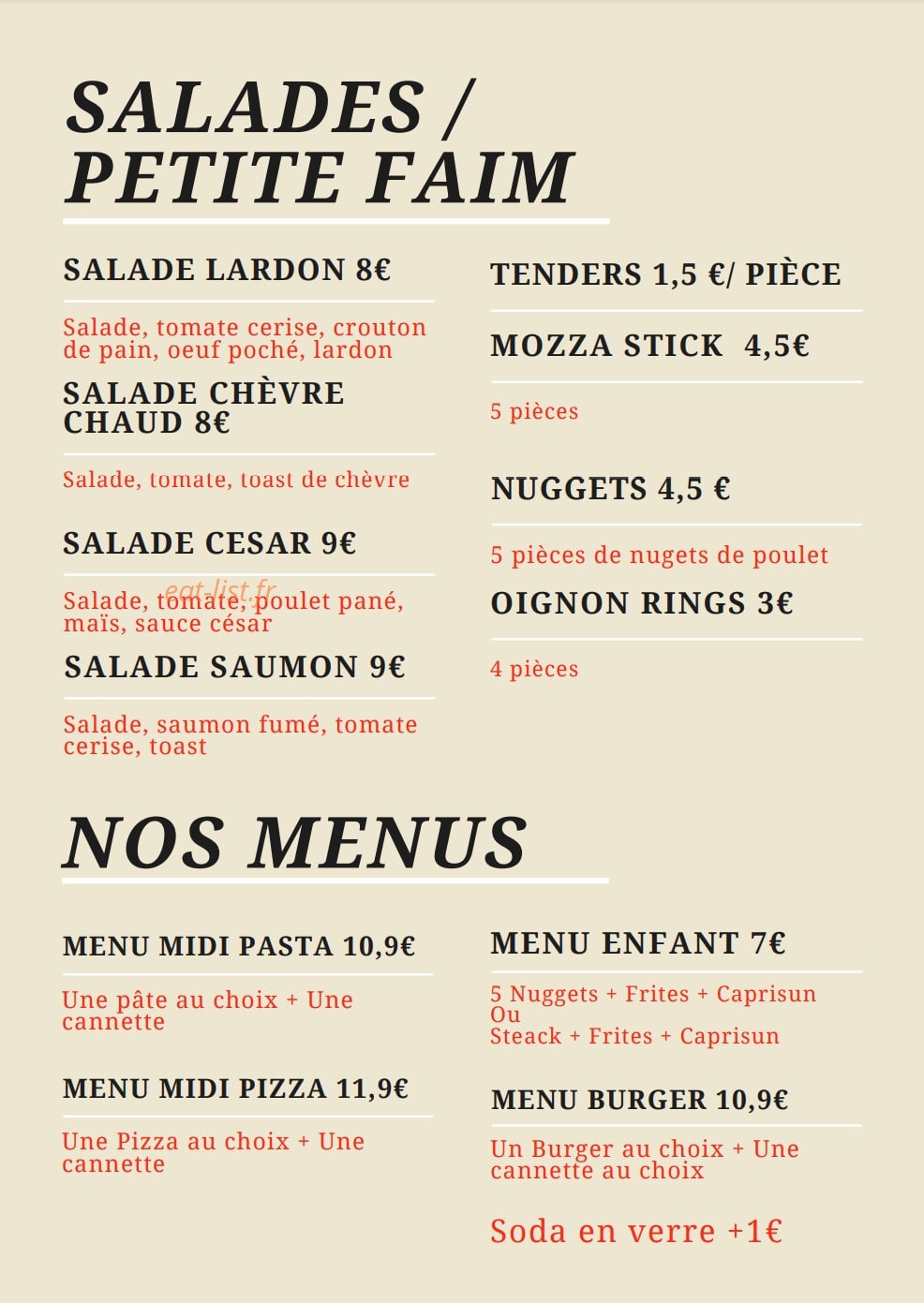 Mia Ristorante — carte page 1