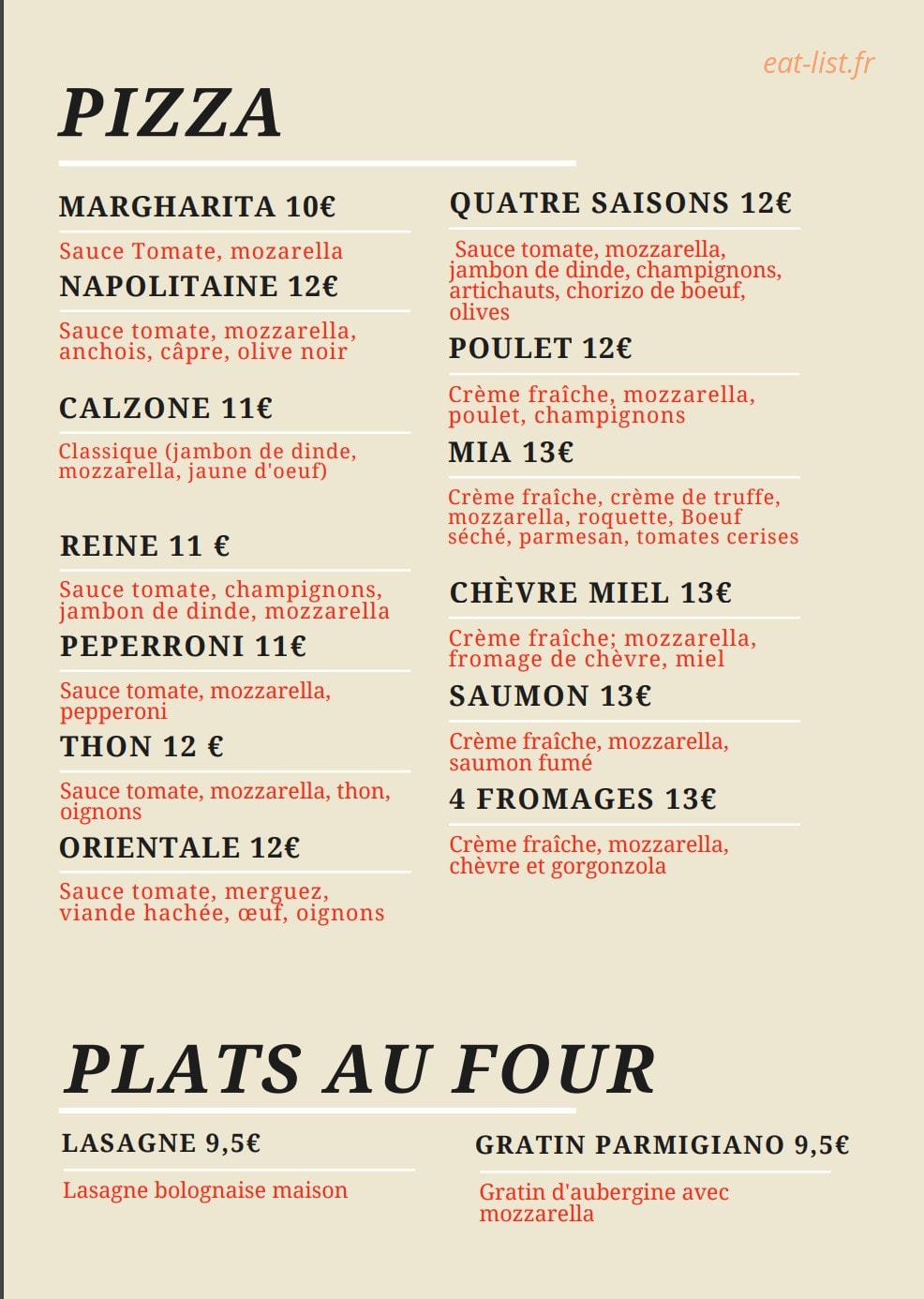Mia Ristorante — carte page 2