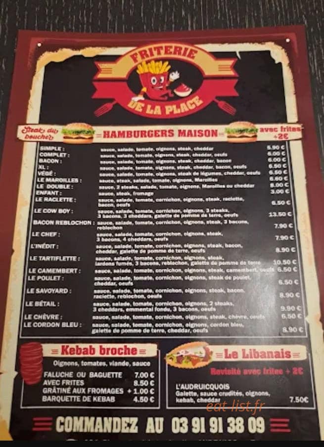 Carte et menu de Friterie De La Place à Audruicq — Hamburgers, kebab...