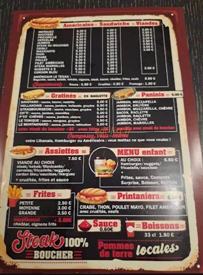 Carte et menu de Friterie De La Place à Audruicq — Sandwiches, gratines...