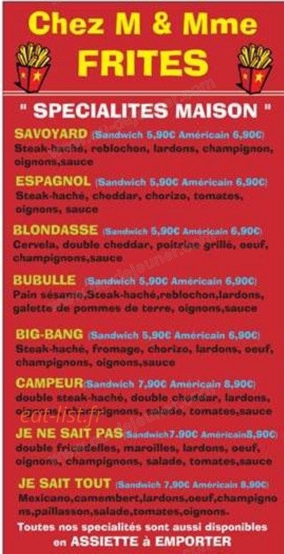 Chez M & Mme Frites — carte page 1