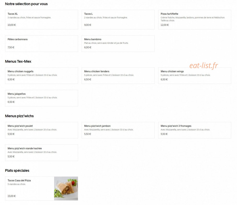 Casa Del Pizza — carte page 1