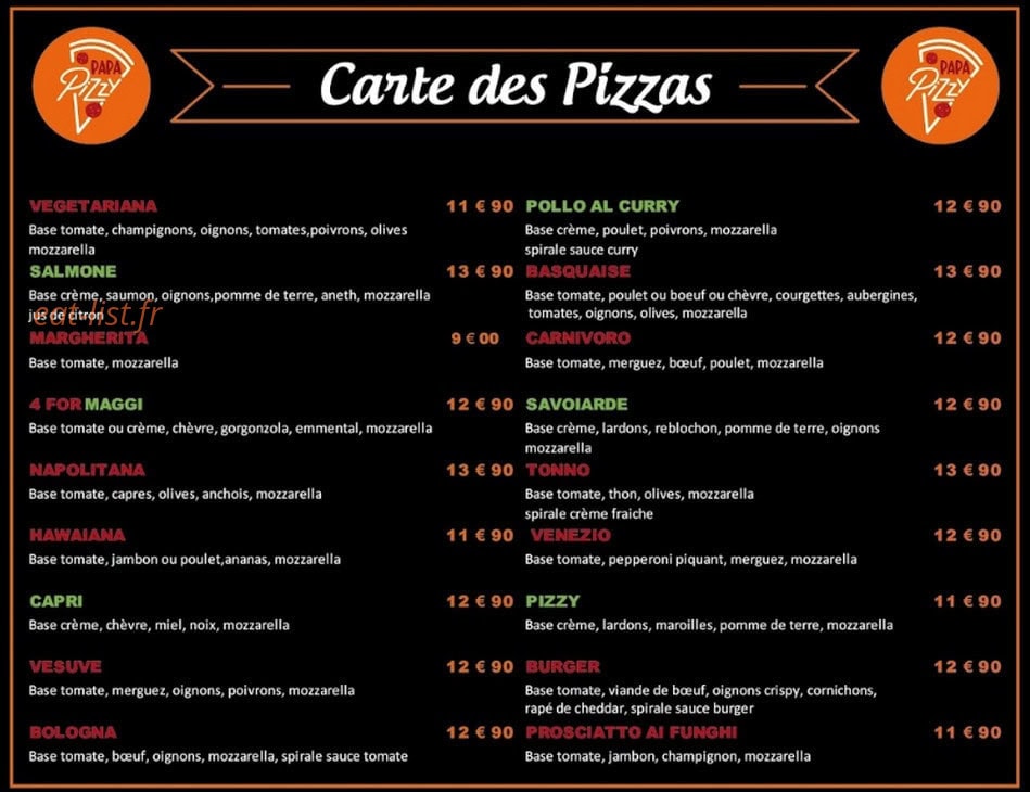 Papa Pizzy — carte page 1