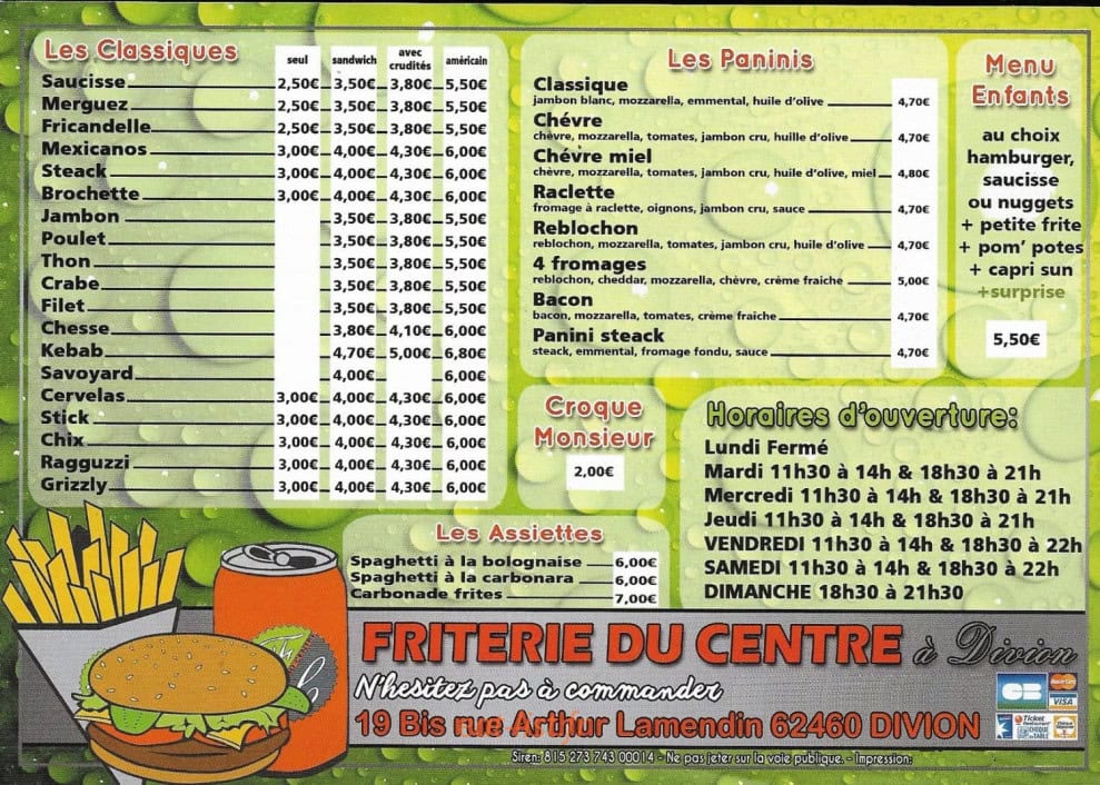 Friterie du Centre — carte page 1