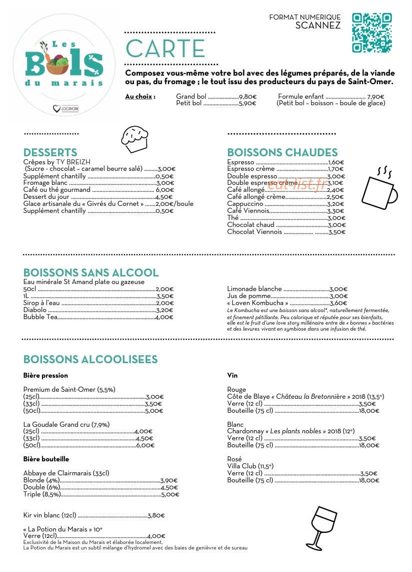 Carte et menu de Les Bols du marais à Saint-Martin-lez-Tatinghem  — La carte
