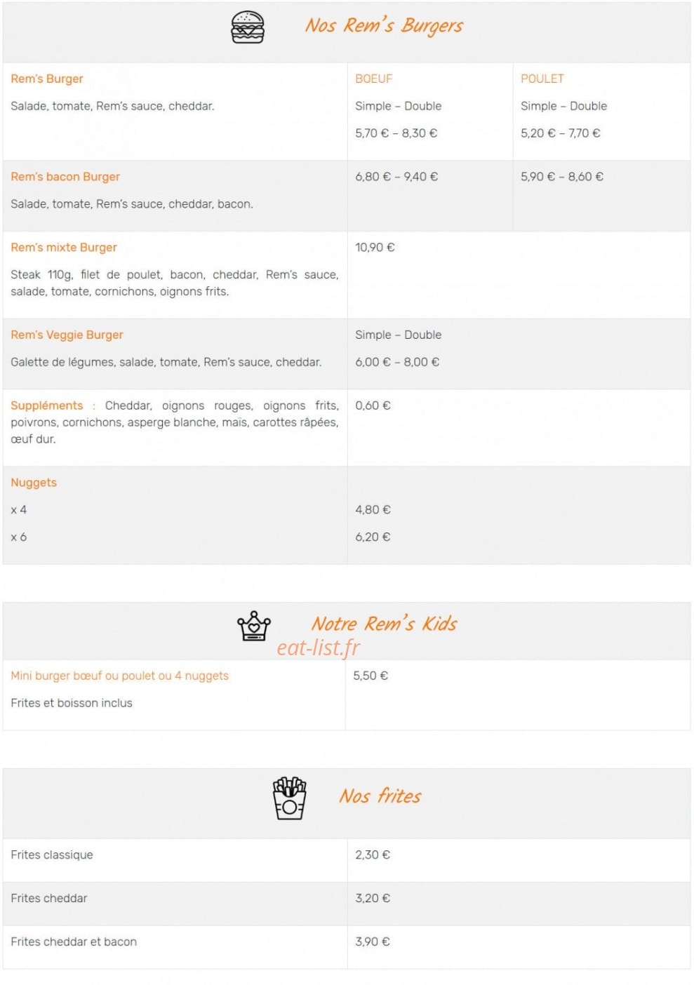 Rem's burgers — carte page 1