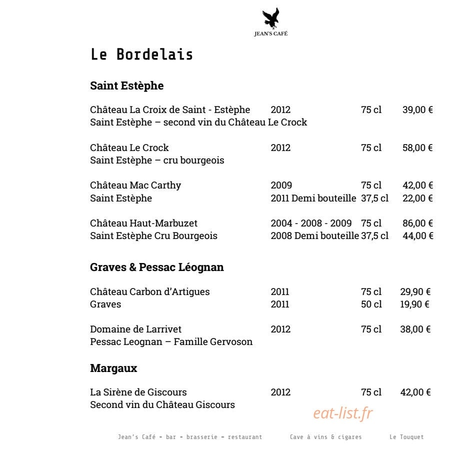 Jean's Cafe — carte page 19